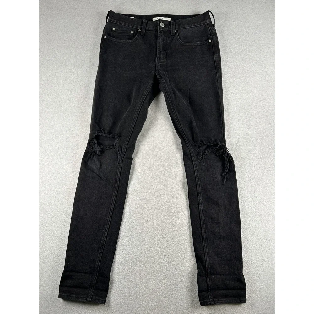 PACSUN Men's Black Distressed Ripped Skinny Jeans Comfort Stretch Size 28x30.5
